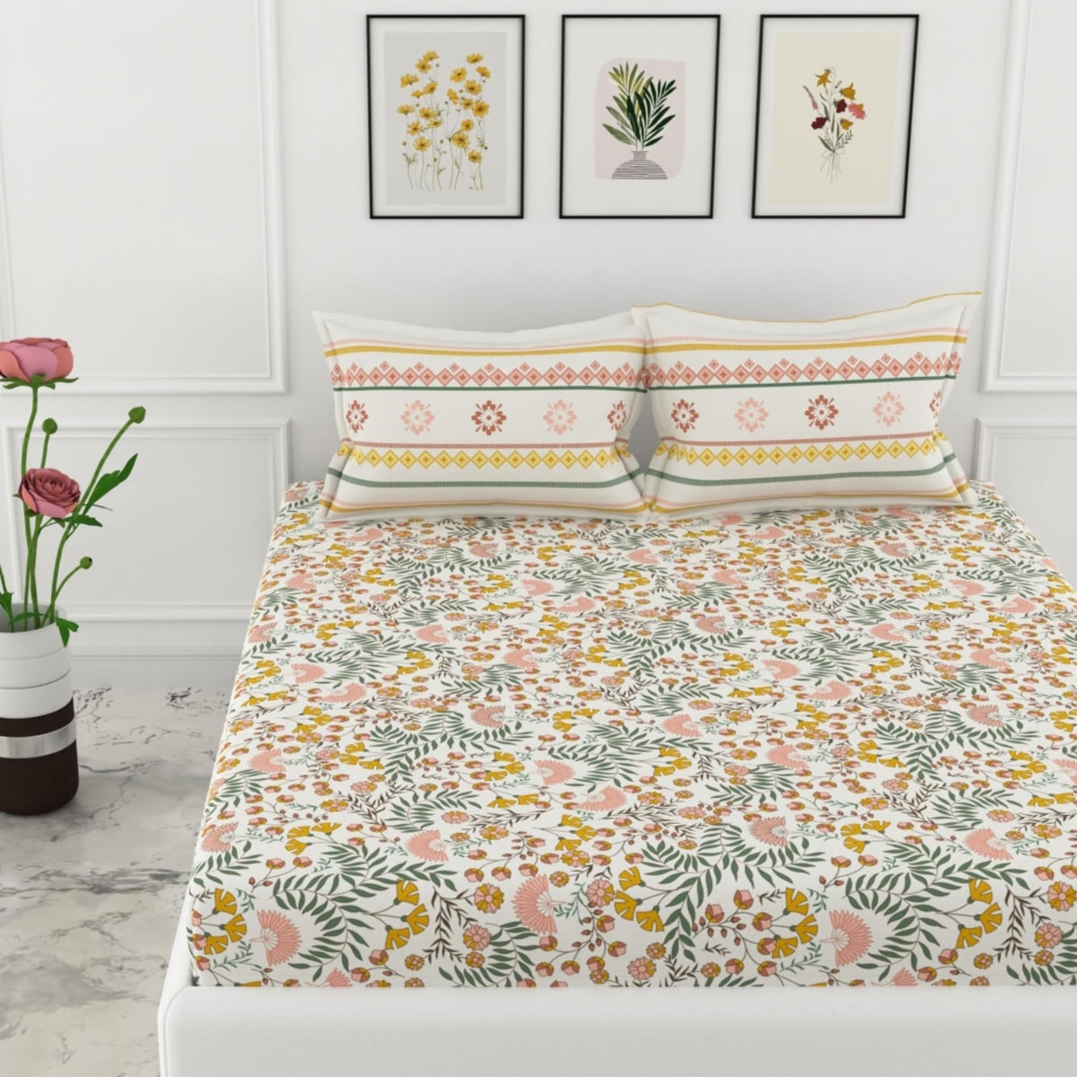Loreto Ditsy Fresh Floral King Fitted Bedsheet | 144 TC | 100% Cotton | Fits 72 x 72 Inches | 8 Inch Pocket - main product image