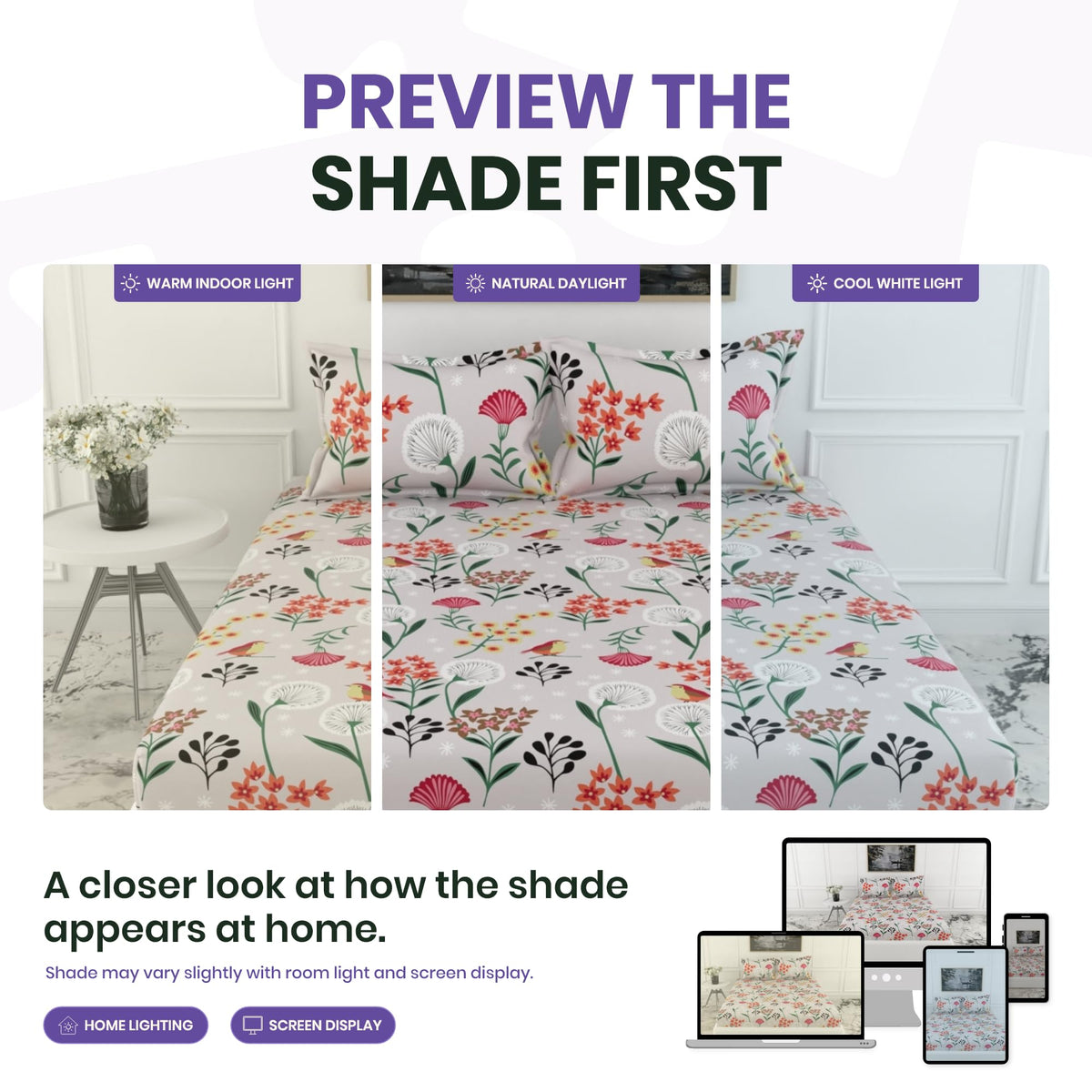 Lavender Grey Spring Harmony King Fitted Bedsheet - 100% Cotton with 2 Pillow Covers (78 x 72 Inches + 8 Inch Pocket)