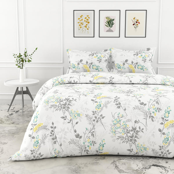 Loreto Cotton Double Bedsheet | Grey Botanical 100% Pure Cotton , 186 TC, 86 x 96 Inches, Soft & Breathable with 2 Covers