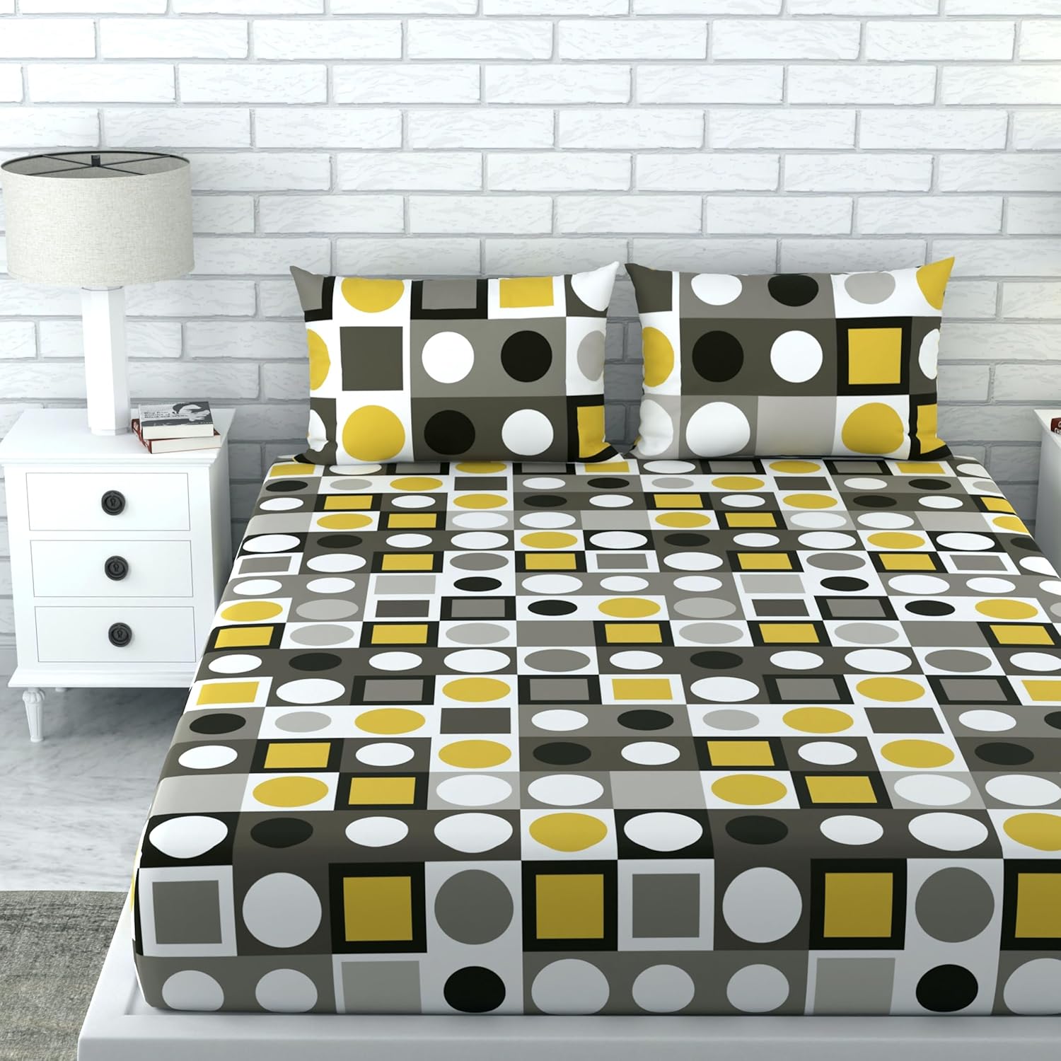Loreto Cotton Double Bedsheet | Forged Iron Grey and Lemon Zest Yellow