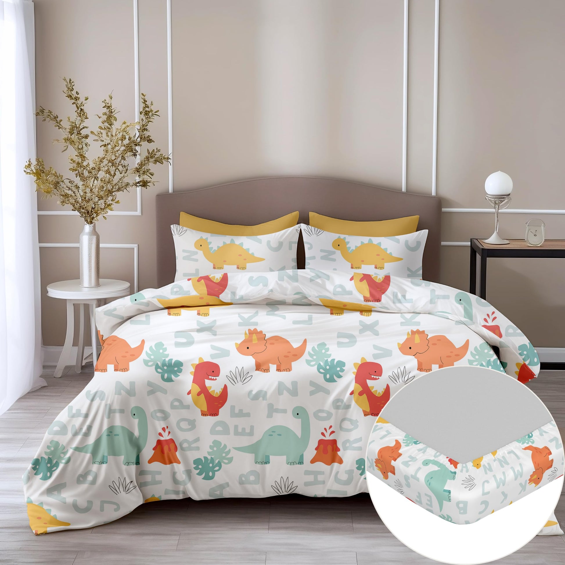 Orange & Mint Alphabet 100% Cotton Double Fitted Bedsheet with 2 Pillow Covers, 144 TC, 78 x 60 Inches
