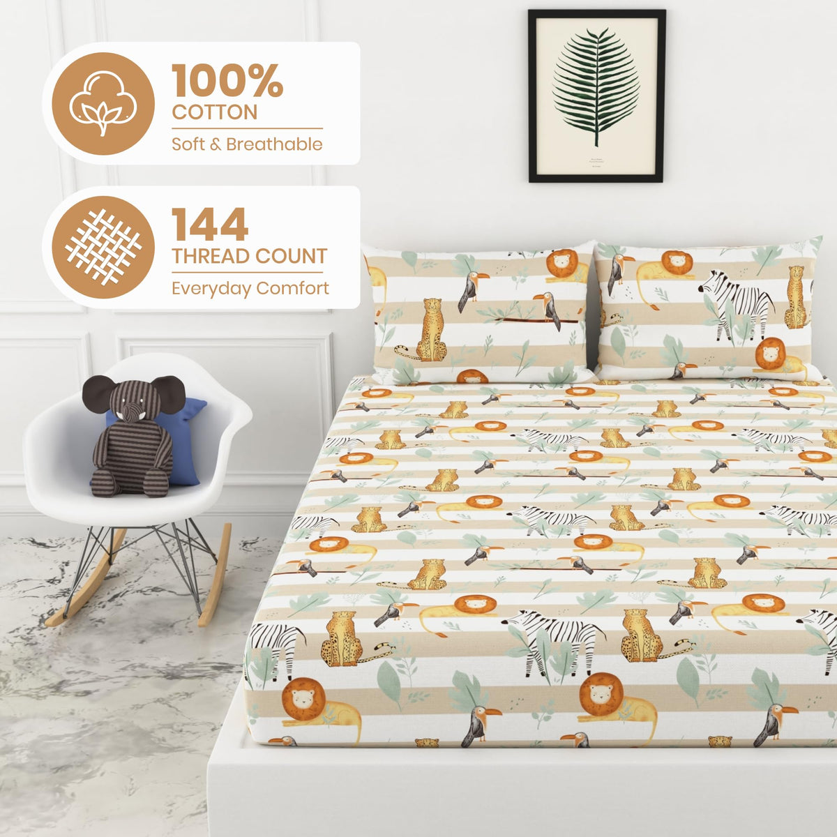 Adventure Jungle Beige & Green 100% Cotton Double Fitted Bedsheet, 144 TC, 78 x 60 Inches