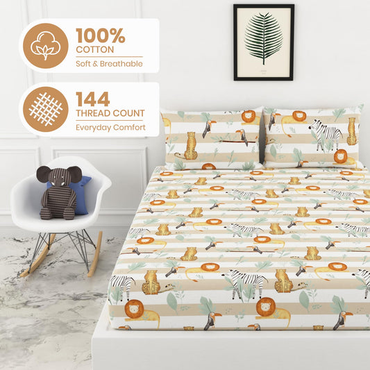 Adventure Jungle Beige & Green 100% Cotton Double Fitted Bedsheet, 144 TC, 78 x 60 Inches