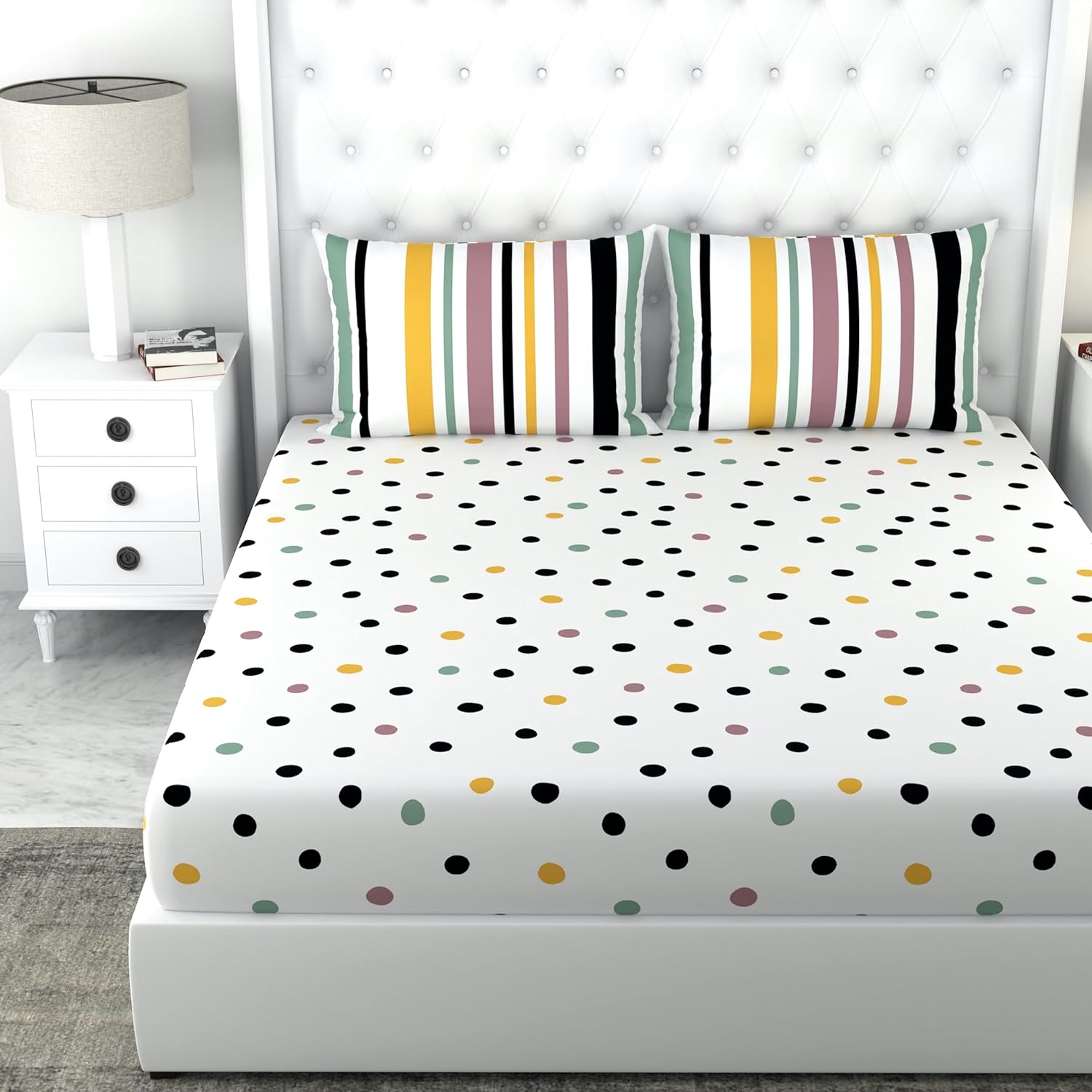 Loreto Cotton Double Bedsheet | Lemon Drops with Black Polka Dots