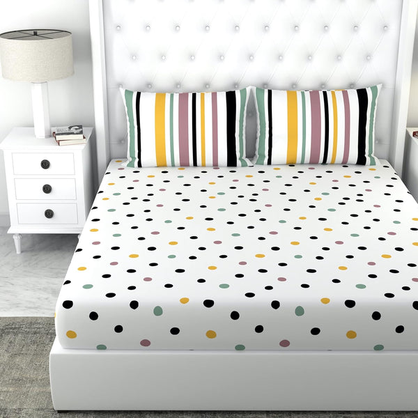Loreto Cotton Double Bedsheet | Lemon Drops with Black Polka Dots