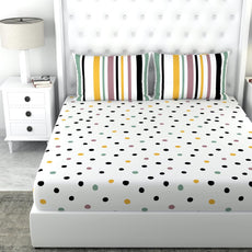 Loreto Cotton Double Bedsheet | Lemon Drops with Black Polka Dots
