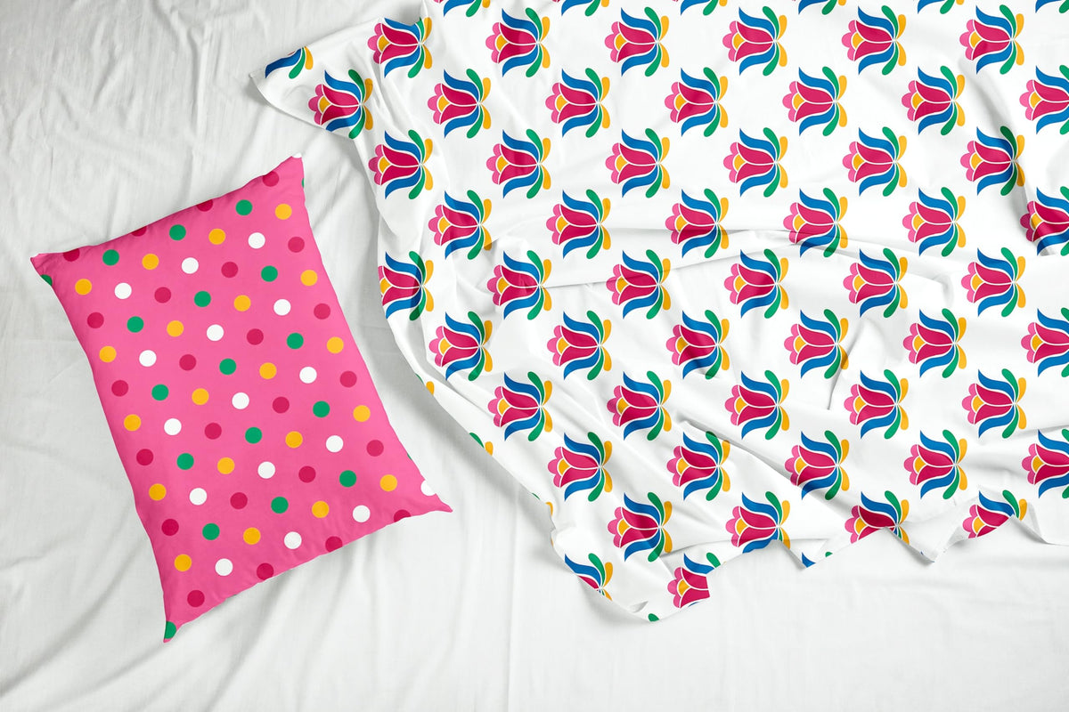 Blue & Pinkish Red Lotus Floral Print 100% Cotton Flat Double Bedsheet, 144 TC