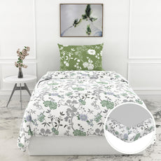 Green Floral Harmony 144 TC 100% Cotton Elastic Fitted Single Bedsheet with 1 Pillow Cover - 78 x 36 Inches