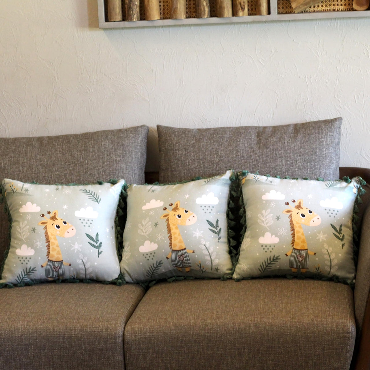 Loreto Sage Green Jungle Giraffe Cotton Cushion Covers | Set of 3 | 16 x 16 Inches - main product image