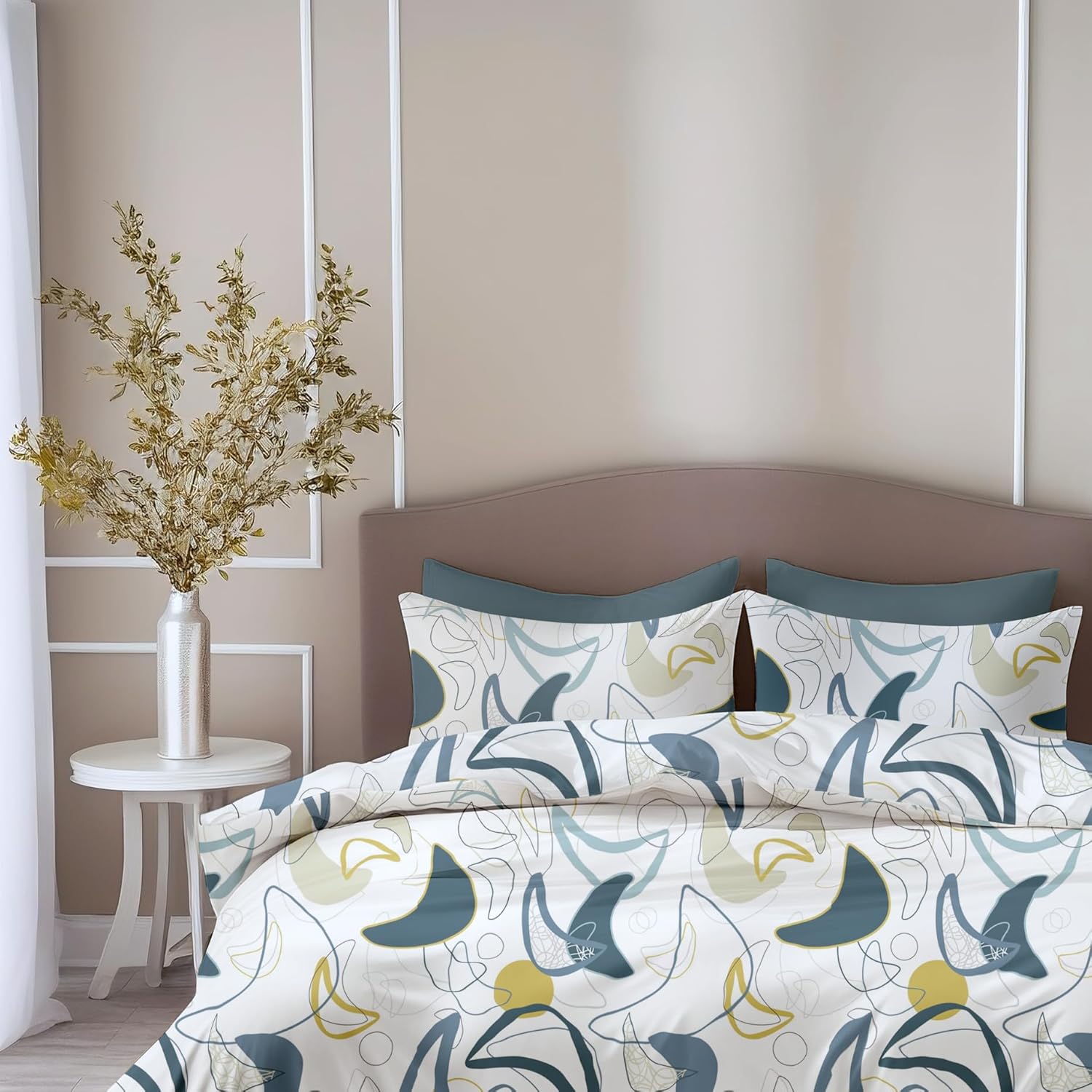 Deep Blue & Olive Abstract Waves Soft & Breathable 100% Cotton Flat King Bedsheet, 144 TC