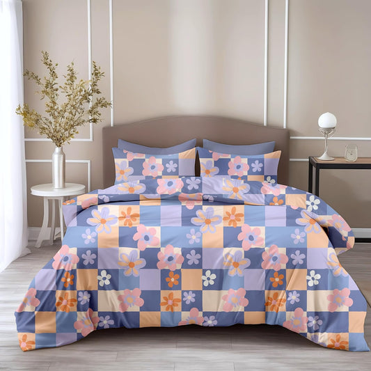 Loreto Cotton King Bedsheet | Pastel Floral Checkered Soft & Breathable