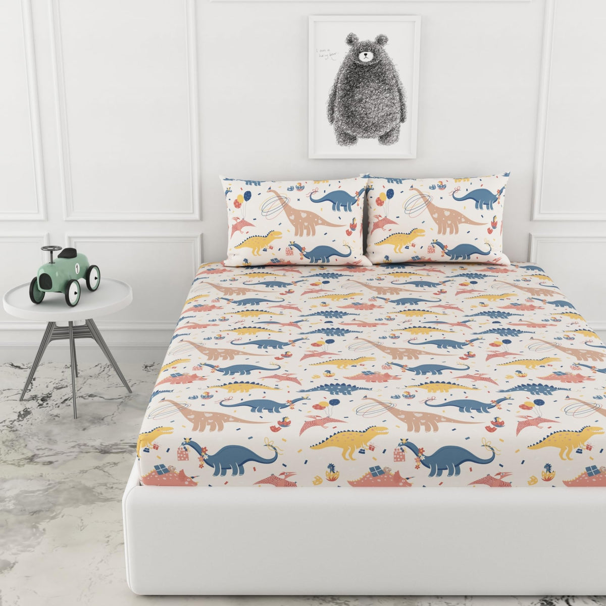 Loreto Coral Blue Dino Party Double Fitted Bedsheet | 144 TC | 100% Cotton | Fits 72 x 60 Inches | 8 Inch Pocket - main product image