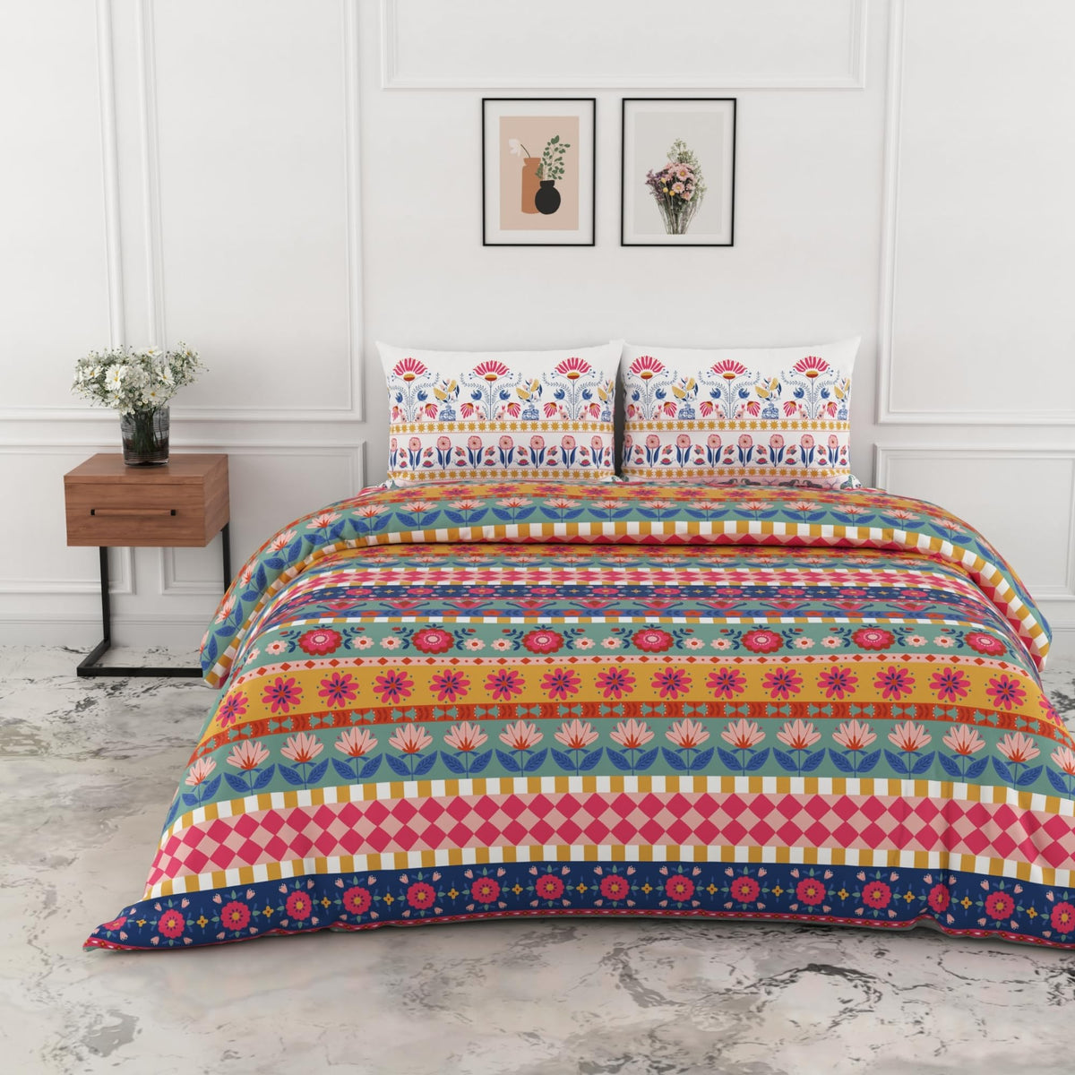 Loreto Multicolor Folk Floral Stripes Double Bedsheet | 186 TC | 100% Cotton | 88 x 90 Inches - main product image