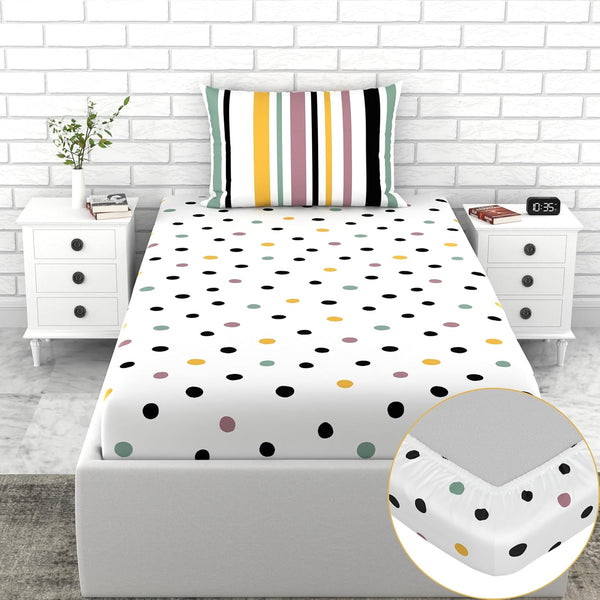 Loreto Cotton Single Fitted Bedsheet | Lemon Drops with Black Dots