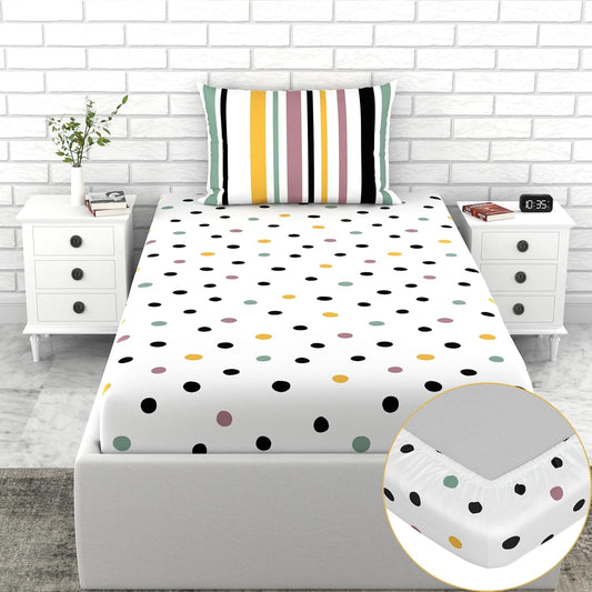 Loreto Cotton Single Fitted Bedsheet | Lemon Drops with Black Dots