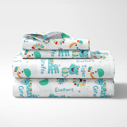 Loreto Cotton Single Fitted Bedsheet | Aqua & Rainbow Animal 144 TC