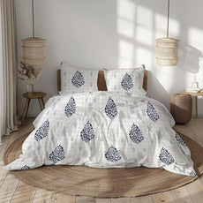 Navy Blue Floral Motif 186 TC Cotton King Size Elastic Fitted Bedsheet with 2 Pillow Covers - 78 x 72 Inches