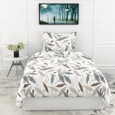 Grey Leaf Whisper Single Bedsheet - 210 TC 100% Cotton with 1 Pillow Cover (58 x 88 Inches)