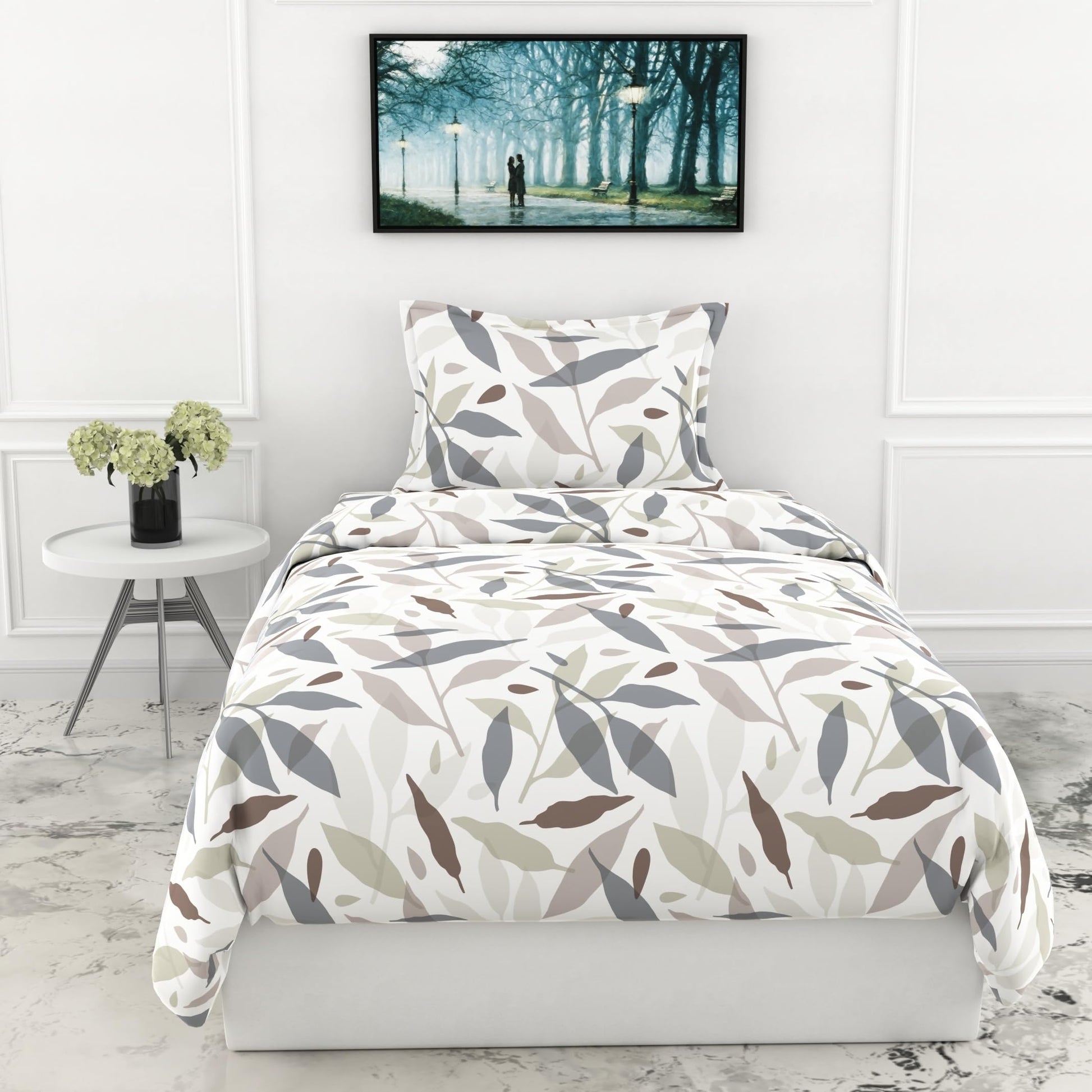 Grey Leaf Whisper Single Bedsheet - 210 TC 100% Cotton with 1 Pillow Cover (58 x 88 Inches)
