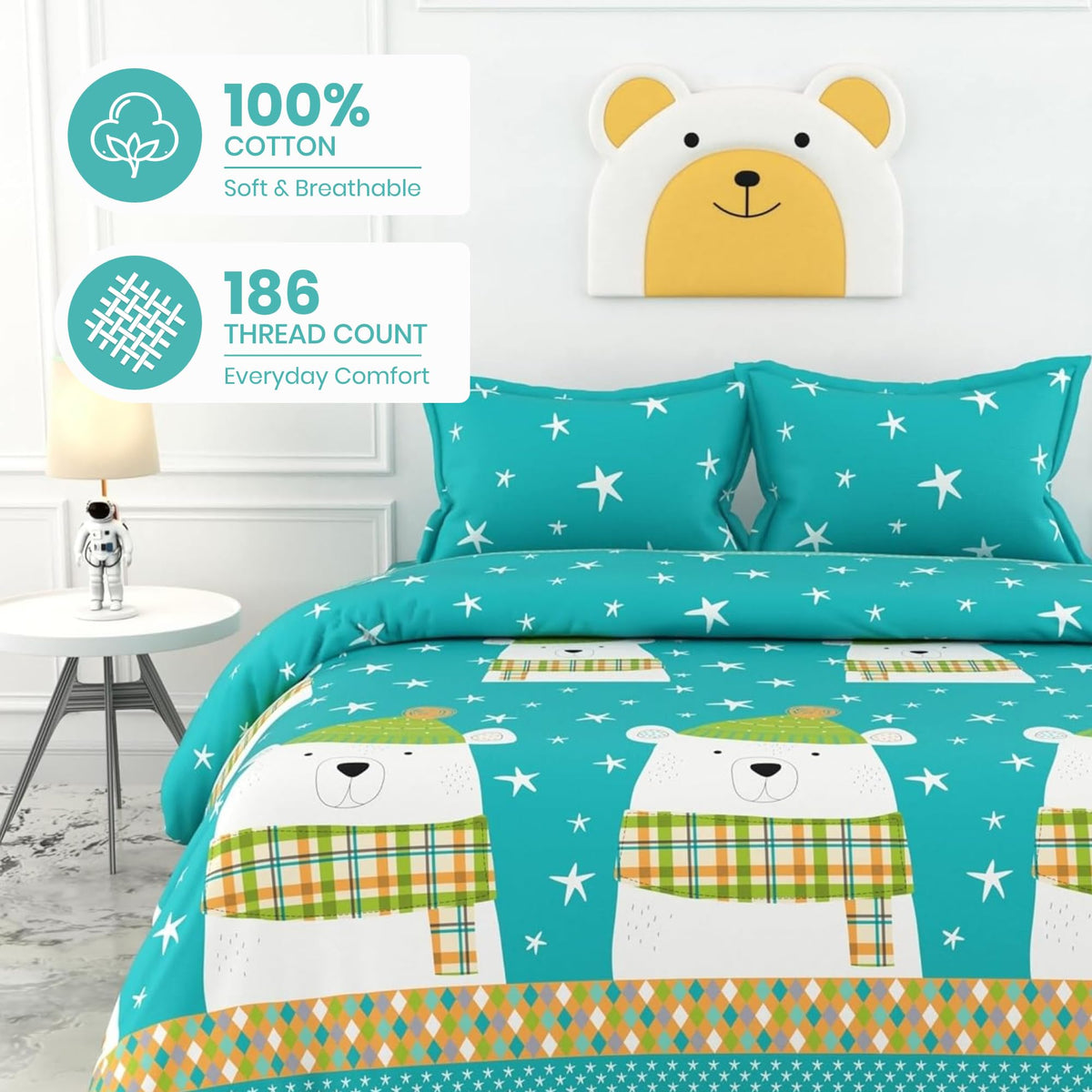 Aqua Teal Cozy Polar Bear 186 TC Cotton Double Bedsheet, 90 x 90 Inches -  Soft Percale Weave with 2 Pillow Covers, Durable & Breathable