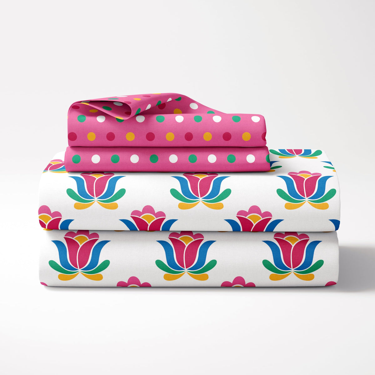 Blue & Pink Red Lotus Floral Print 100% Cotton Flat Single Bedsheet, 144 TC