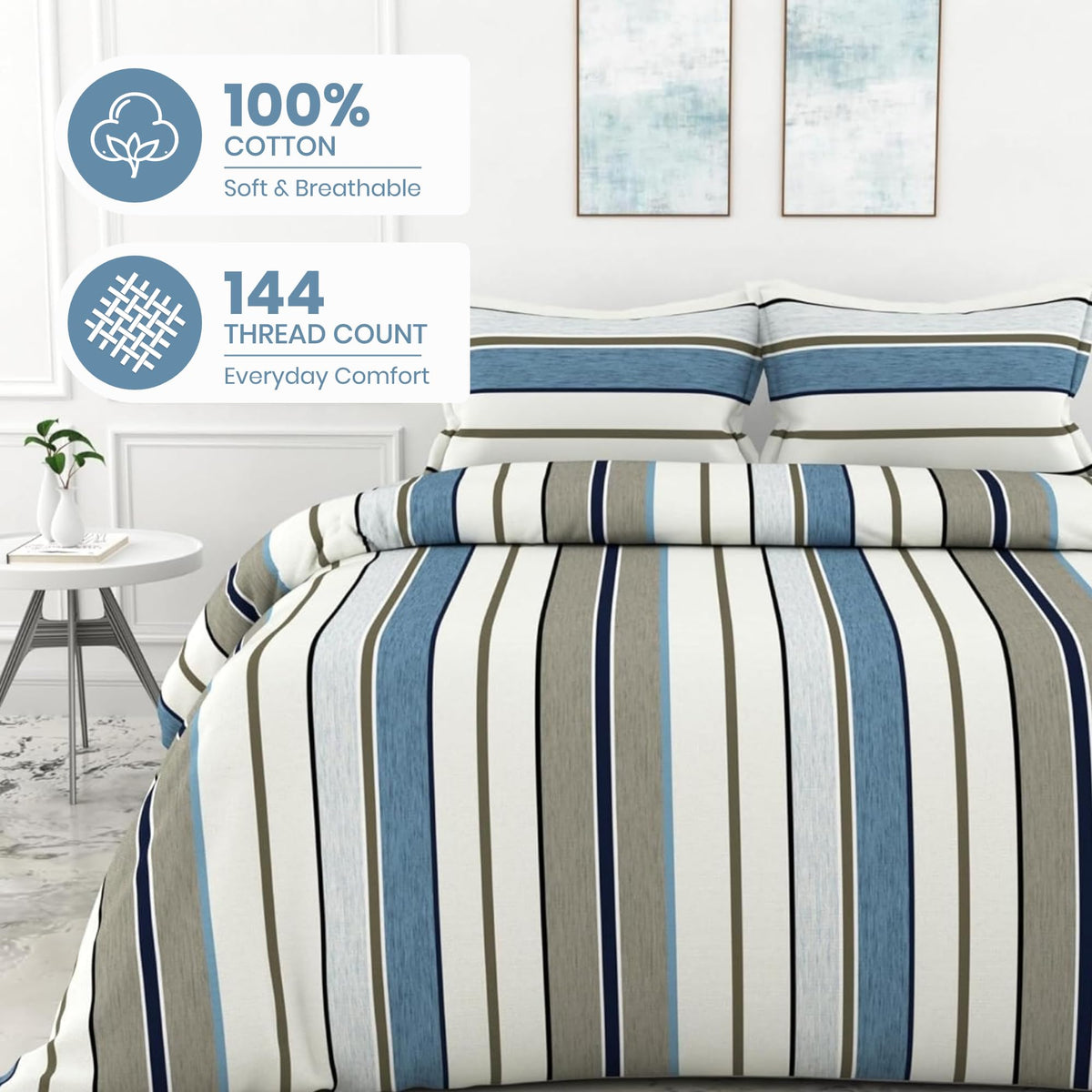 Classic Stellar Striped 100% Cotton Flat Double Bedsheet, 144 TC