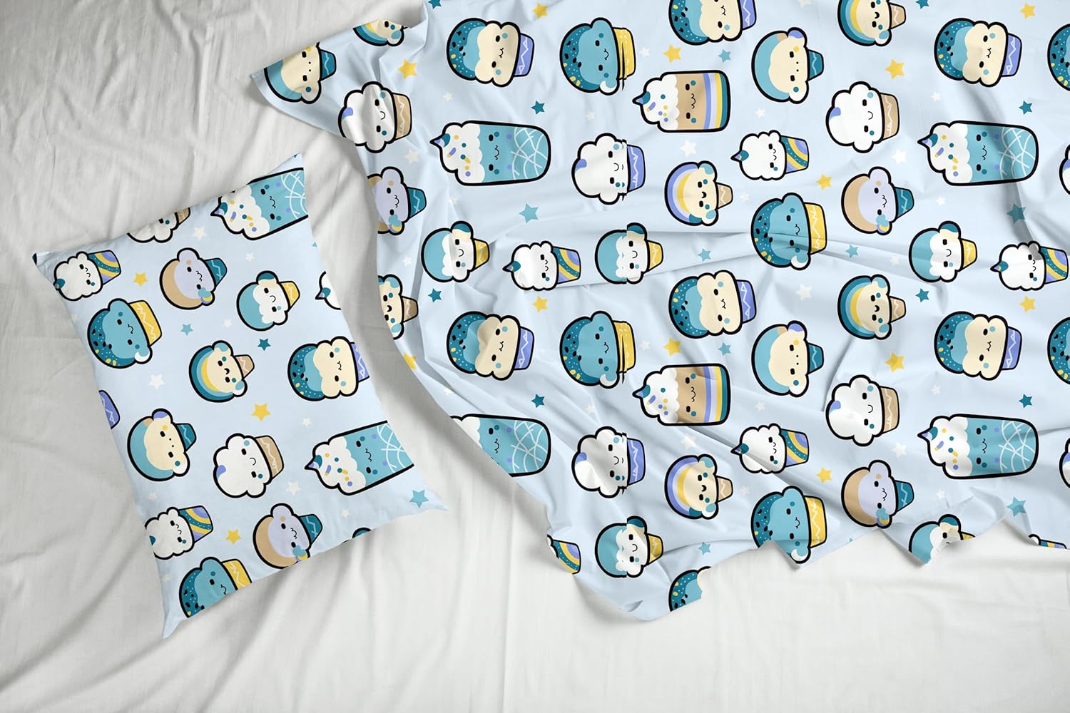 Kawaii Pastel Sky Drinks Soft & Breathable 100% Cotton Flat Double Bedsheet, 144 TC