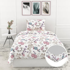 Pink & Teal Floral 144 TC 100% Cotton Elastic Fitted Single Bedsheet with 1 Pillow Cover - 78 x 36 Inches
