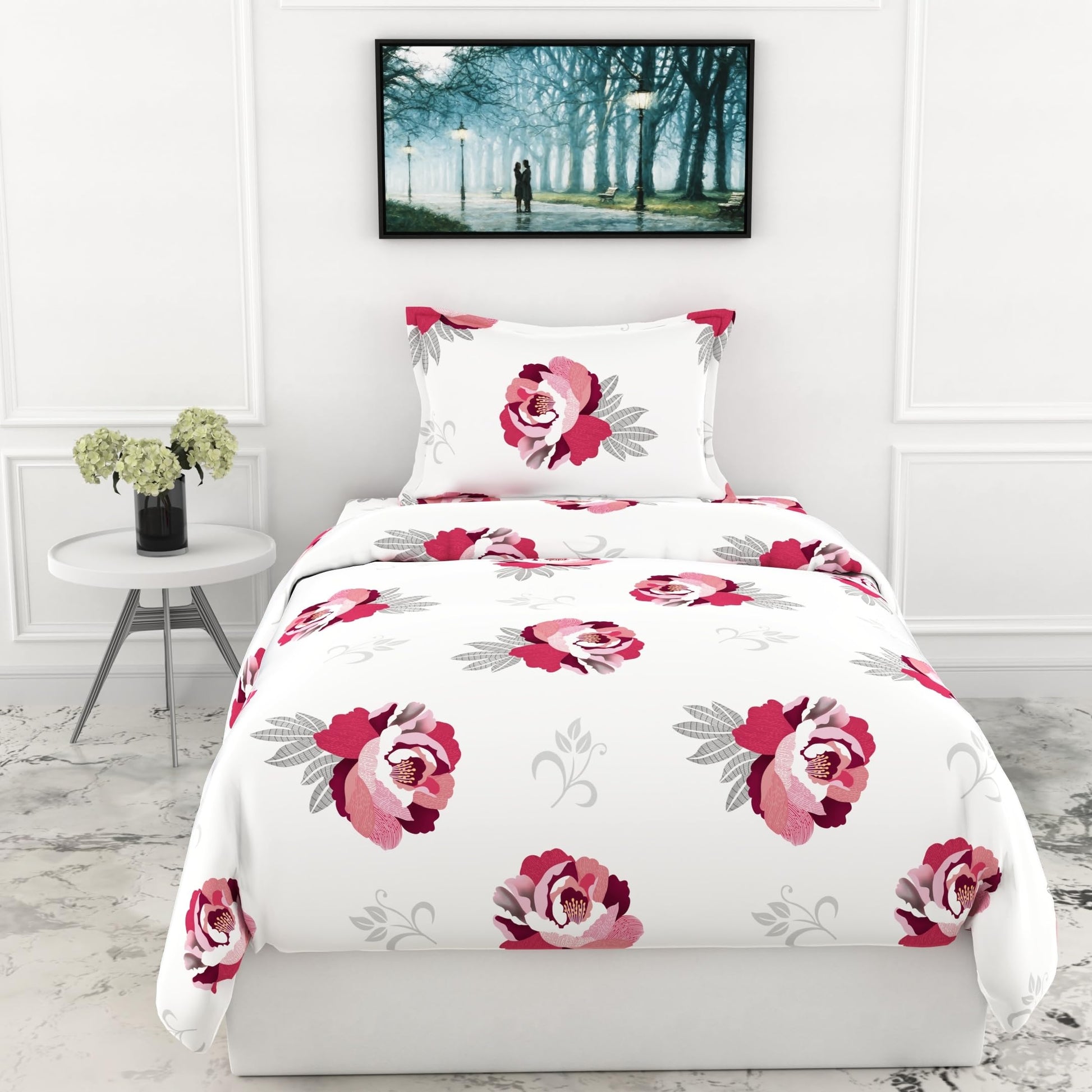 Wine & Pink Floral Single Bedsheet - 210 TC 100% Cotton with 1 Pillow Cover (58 x 88 Inches)