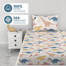 Coral Blue Dino Party 144 TC 100% Cotton Elastic Fitted Single Bedsheet with 1 Pillow Cover - 78 x 36 Inches