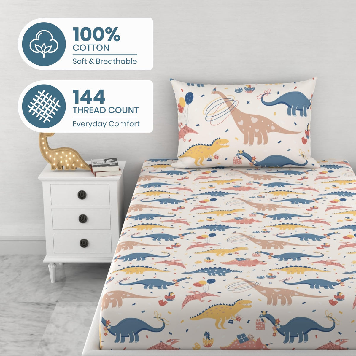 Coral Blue Dino Party 144 TC 100% Cotton Elastic Fitted Single Bedsheet with 1 Pillow Cover - 78 x 36 Inches