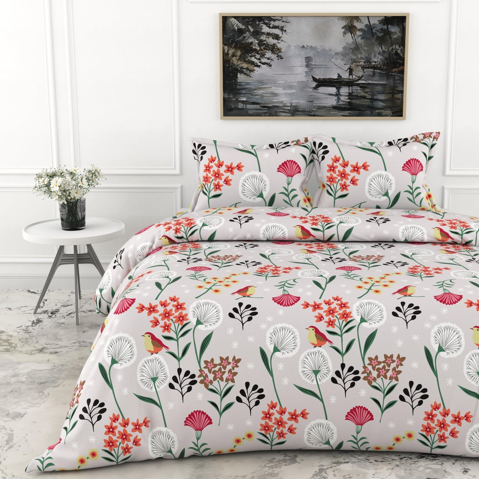 Lavender Grey Spring Harmony King Bedsheet - 144 TC 100% Cotton with 2 Pillow Covers (104 x 104 Inches)