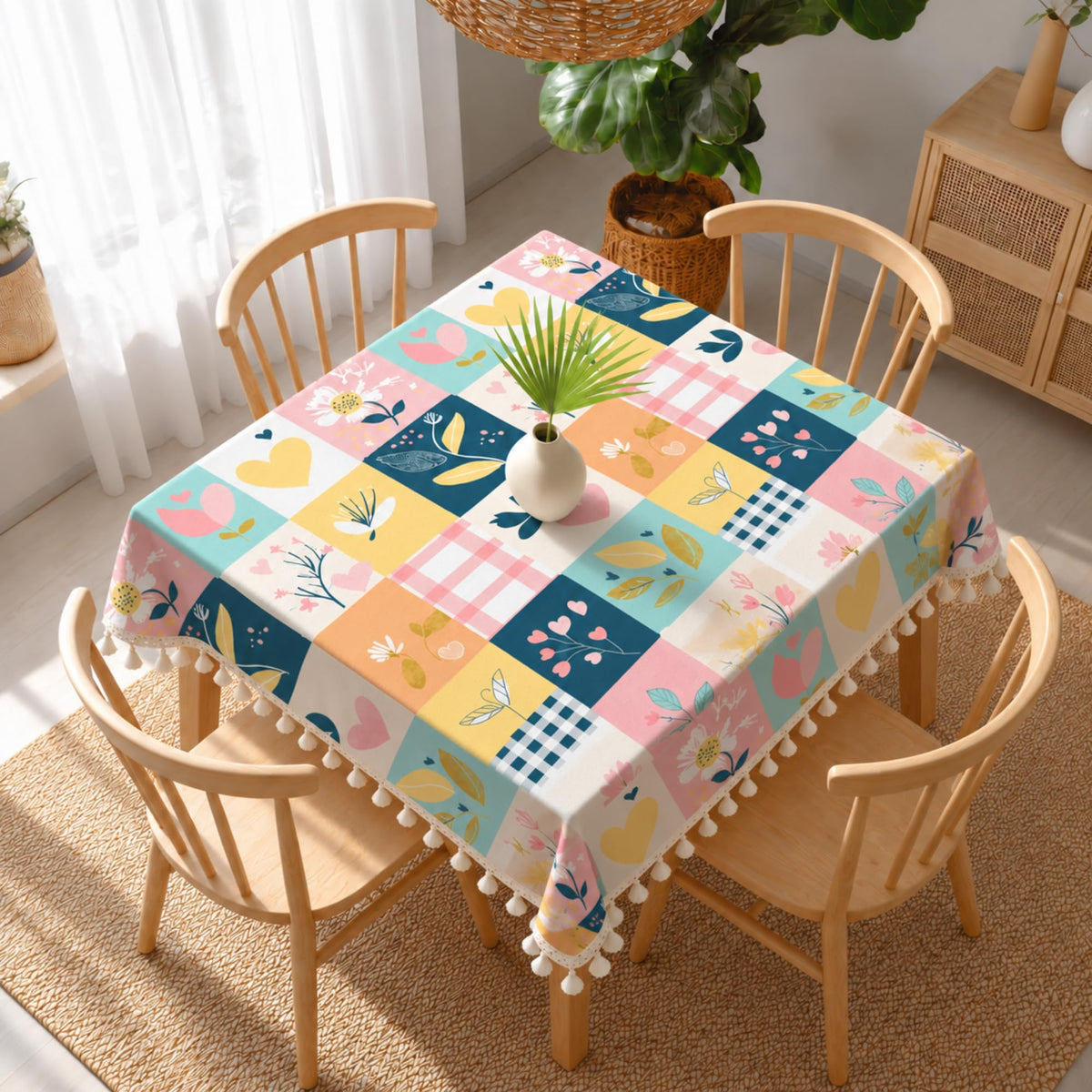 Loreto Pastel Garden on White Grid Cotton Dining Table Cover | 48 x 48 Inches - main product image