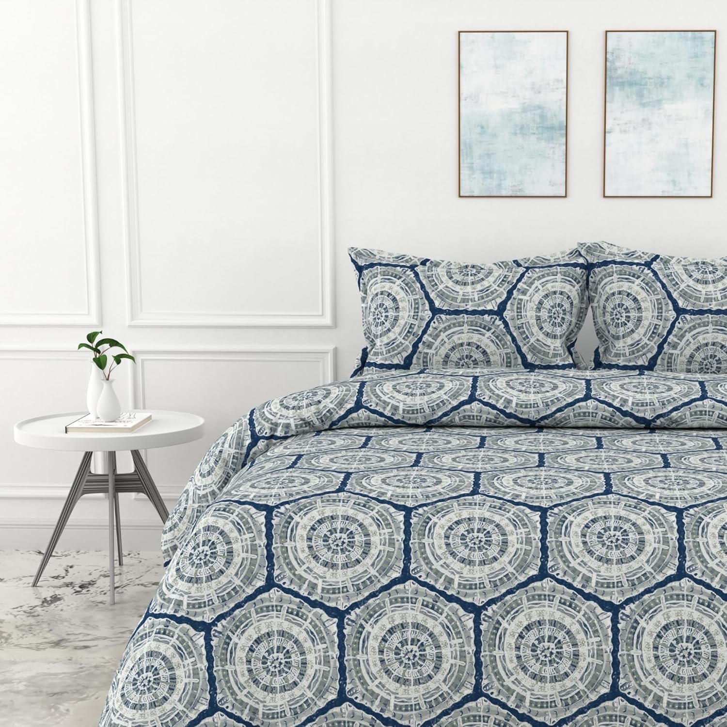 Grey and Blue 100% Cotton Flat Double Bedsheet, 144 TC