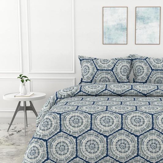 Grey and Blue 100% Cotton Flat King Bedsheet, 144 TC