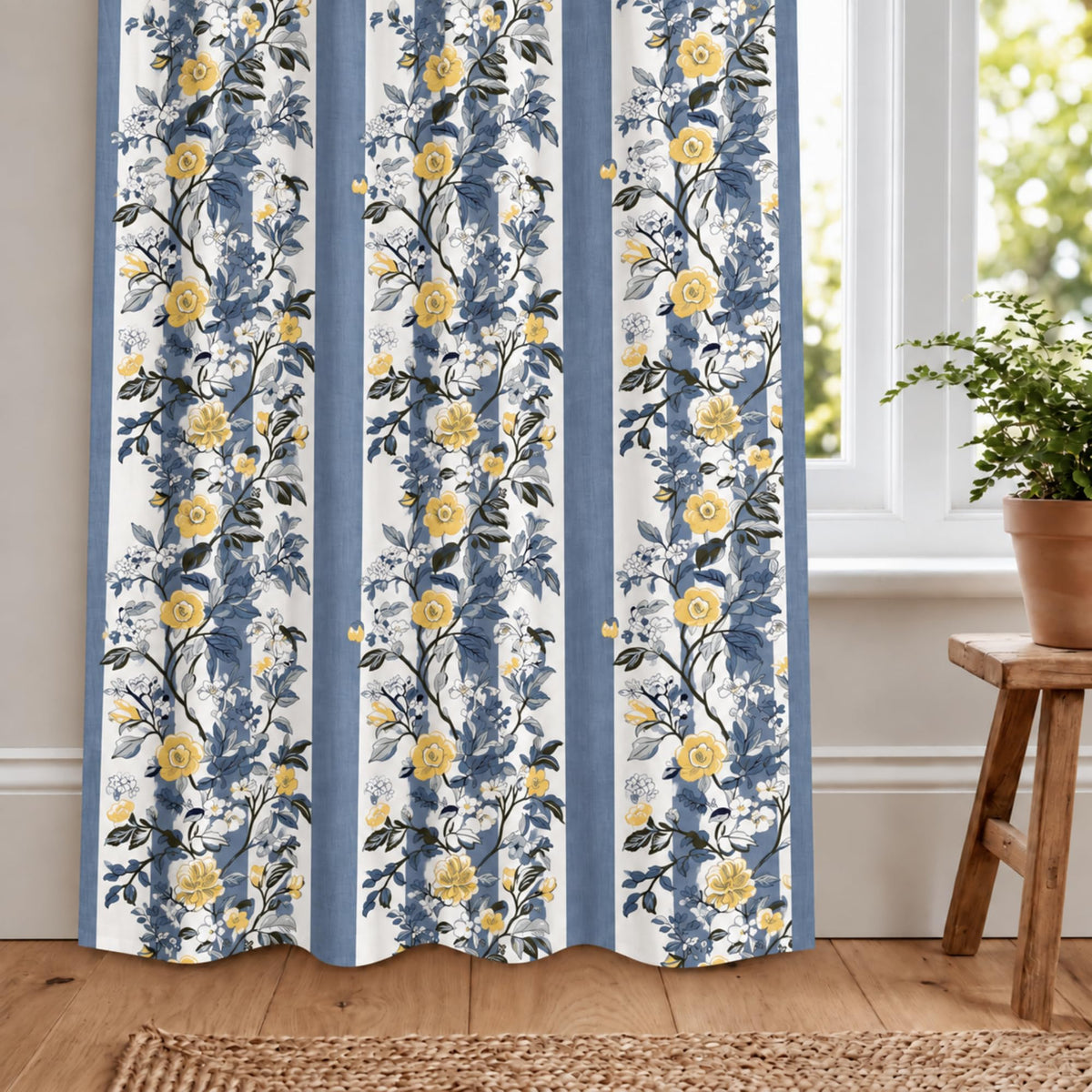 Loreto Navy Gold Floral Stripes Curtain | Set of 2 | 48 x 84 Inches - main product image