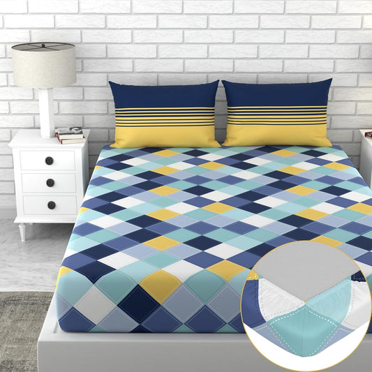 Loreto Cotton King Fitted Bedsheet | Vivid Blue and Yellow Checkered