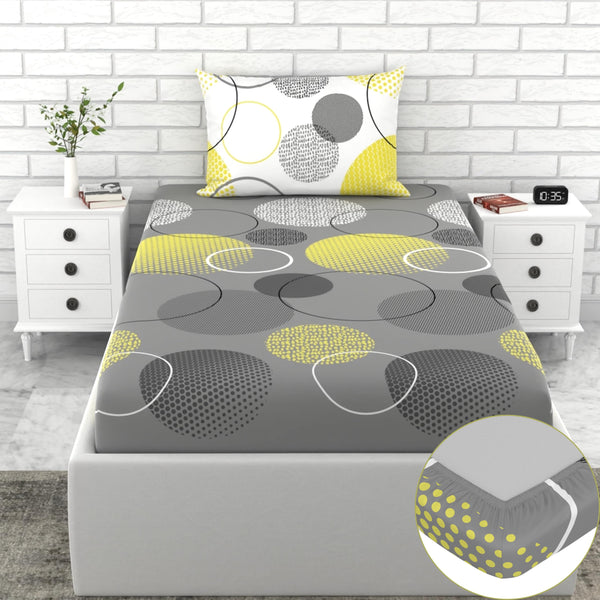 Loreto Cotton Single Pillow Cover | Grey & Yellow Geometric 144 TC Cotton Bed Sheet with 1 - Soft, Breathable & All-Around Elastic (78 x 36 Inches)