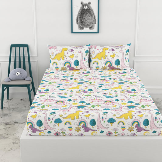 Loreto Cotton Double Fitted Bedsheet | Rainbow Dino Fun & Deep Blue Olive Waves