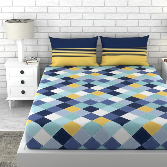 Vivid Blue and Yellow Checkered 100% Cotton King Fitted Bedsheet, 144 TC