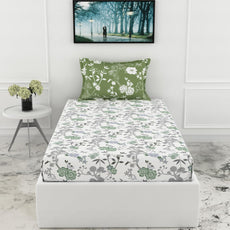 Loreto Cotton Single Fitted Bedsheet | Green Floral Harmony 144 TC