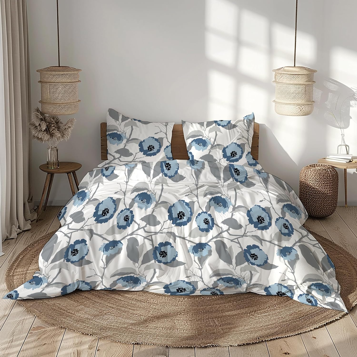 Blue & Grey Bloom Harmony 186 TC Cotton Fitted King Size Bedsheet with All-Around Elastic & 2 Pillow Covers - 78 x 72 Inches