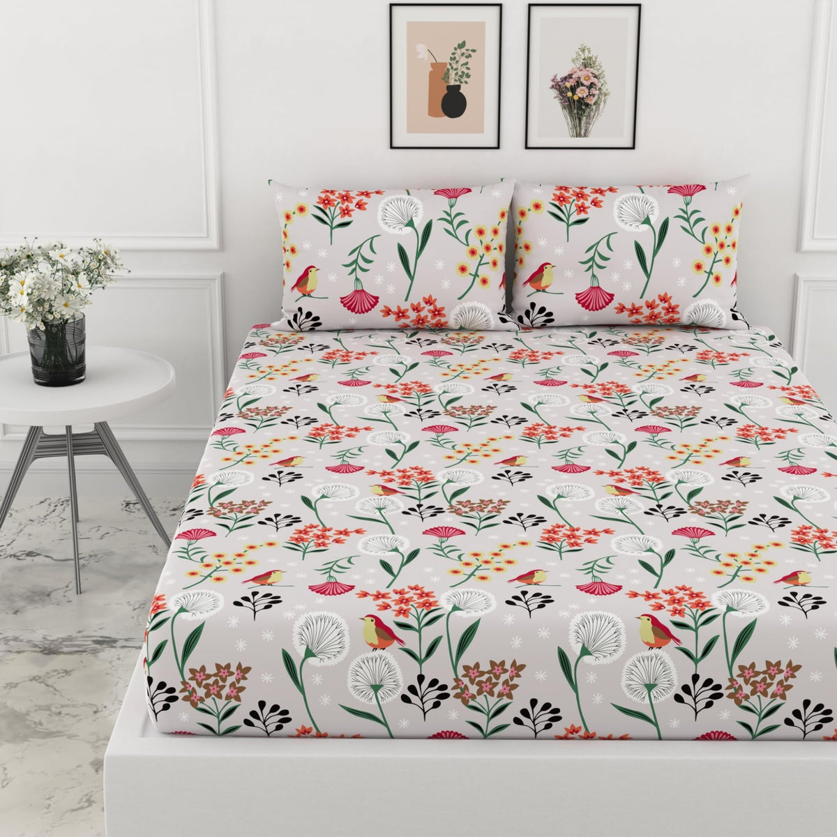 Lavender Grey Spring Harmony King Fitted Bedsheet - 100% Cotton with 2 Pillow Covers (78 x 72 Inches + 8 Inch Pocket)