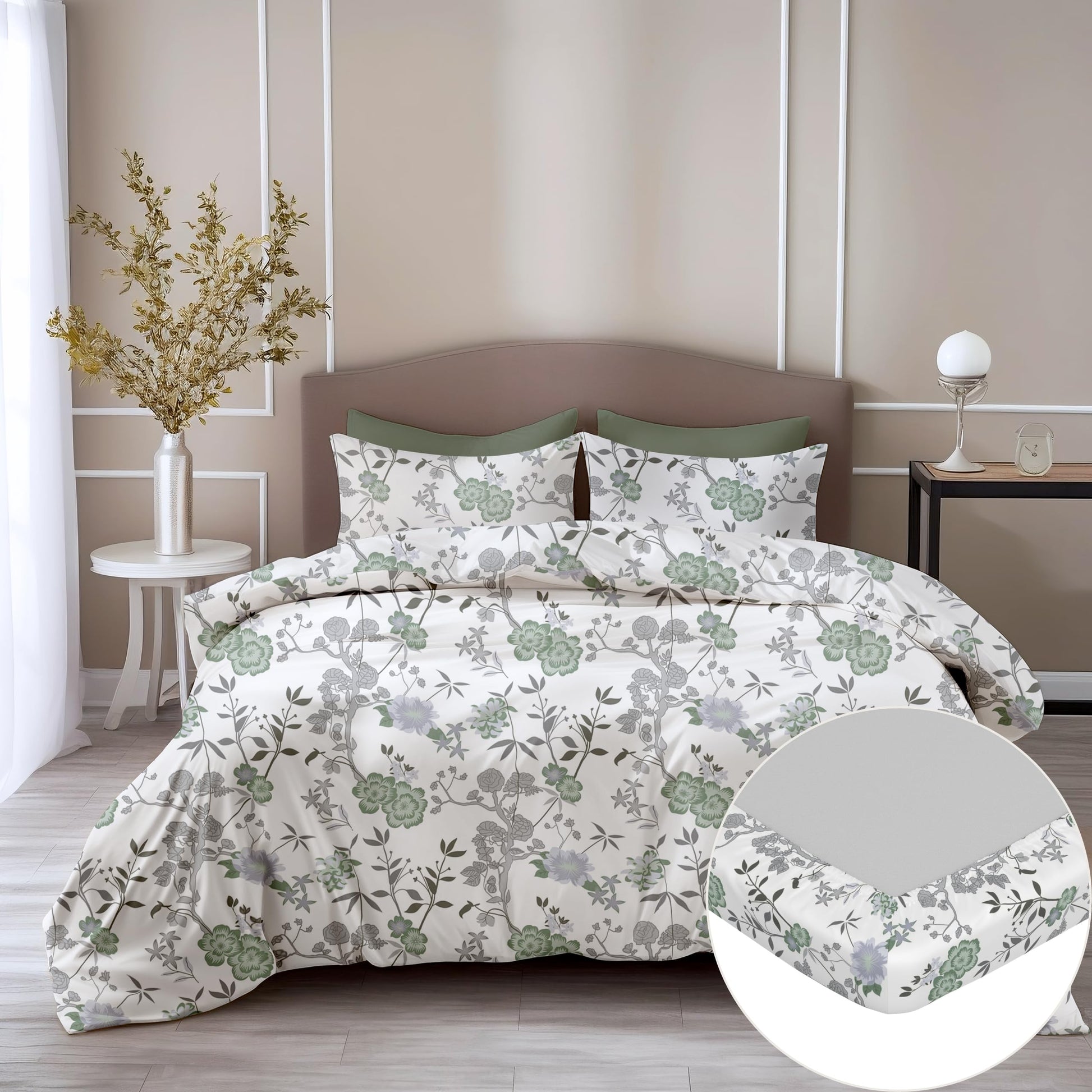Green & Silver Blooms 100% Cotton Double Fitted Bedsheet with 2 Pillow Covers, 144 TC, 78 x 60 Inches