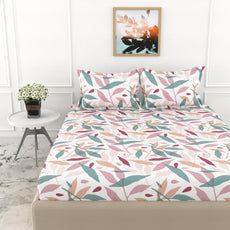 Pink Leaf Double Bedsheet - 210 TC 100% Cotton with 2 Pillow Covers (90 x 90 Inches)