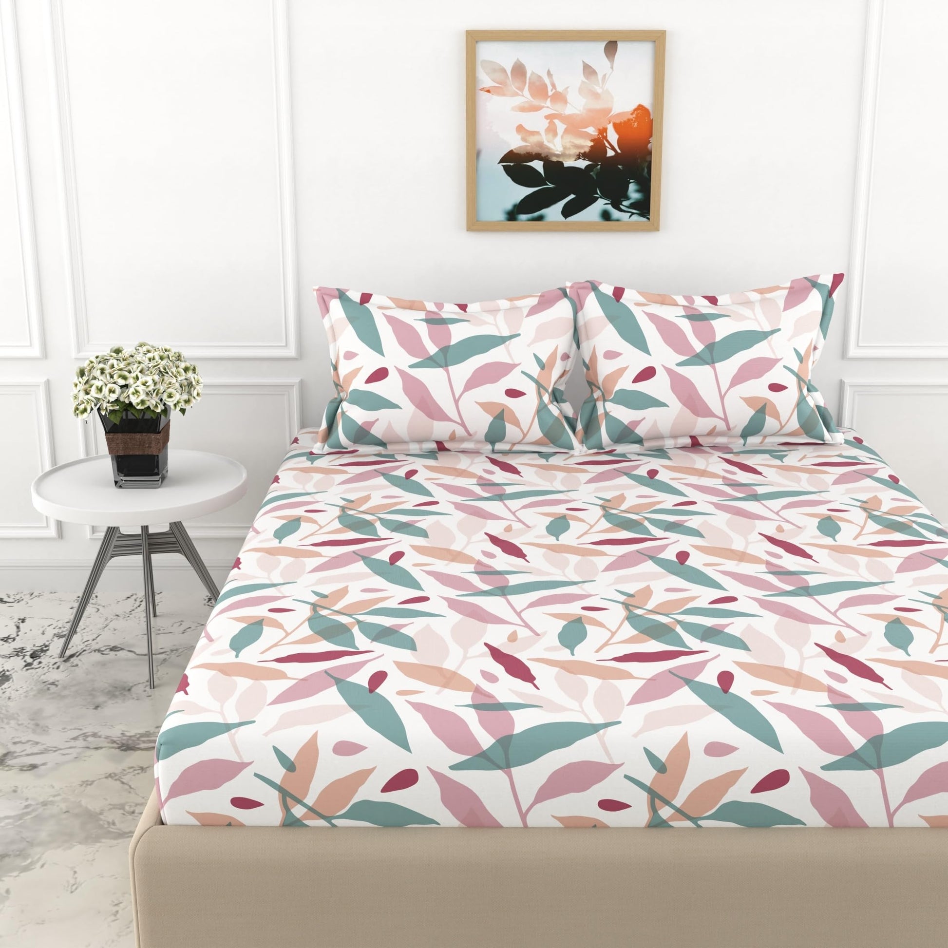 Pink Leaf Double Bedsheet - 210 TC 100% Cotton with 2 Pillow Covers (90 x 90 Inches)