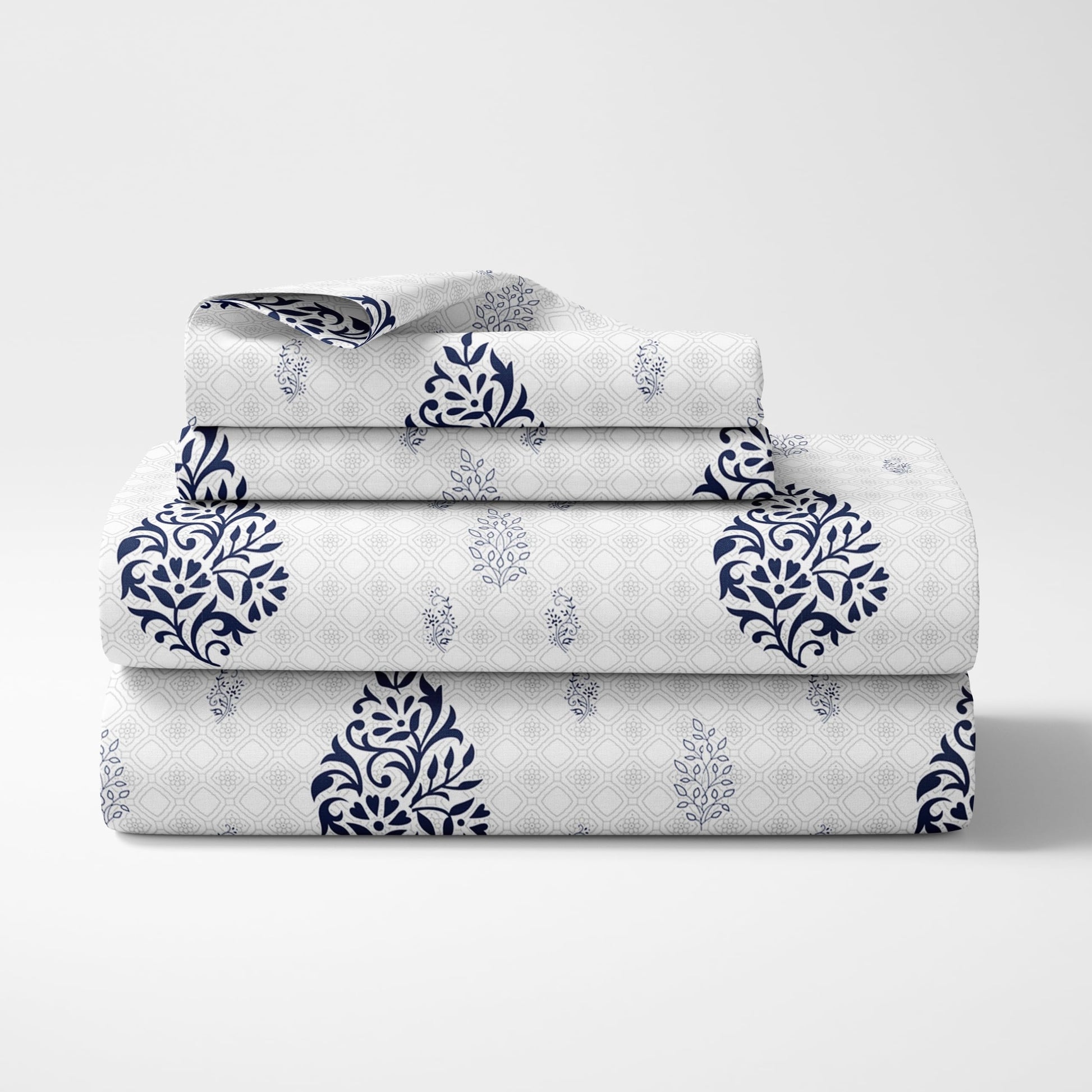 Blue Floral Motif 100% Pure Cotton Double Bedsheet, 186 TC, 90 x 108 Inches, Soft & Breathable with 2 Pillow Covers
