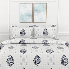 Blue Floral Motif 100% Pure Cotton Double Bedsheet, 186 TC, 90 x 108 Inches, Soft & Breathable with 2 Pillow Covers
