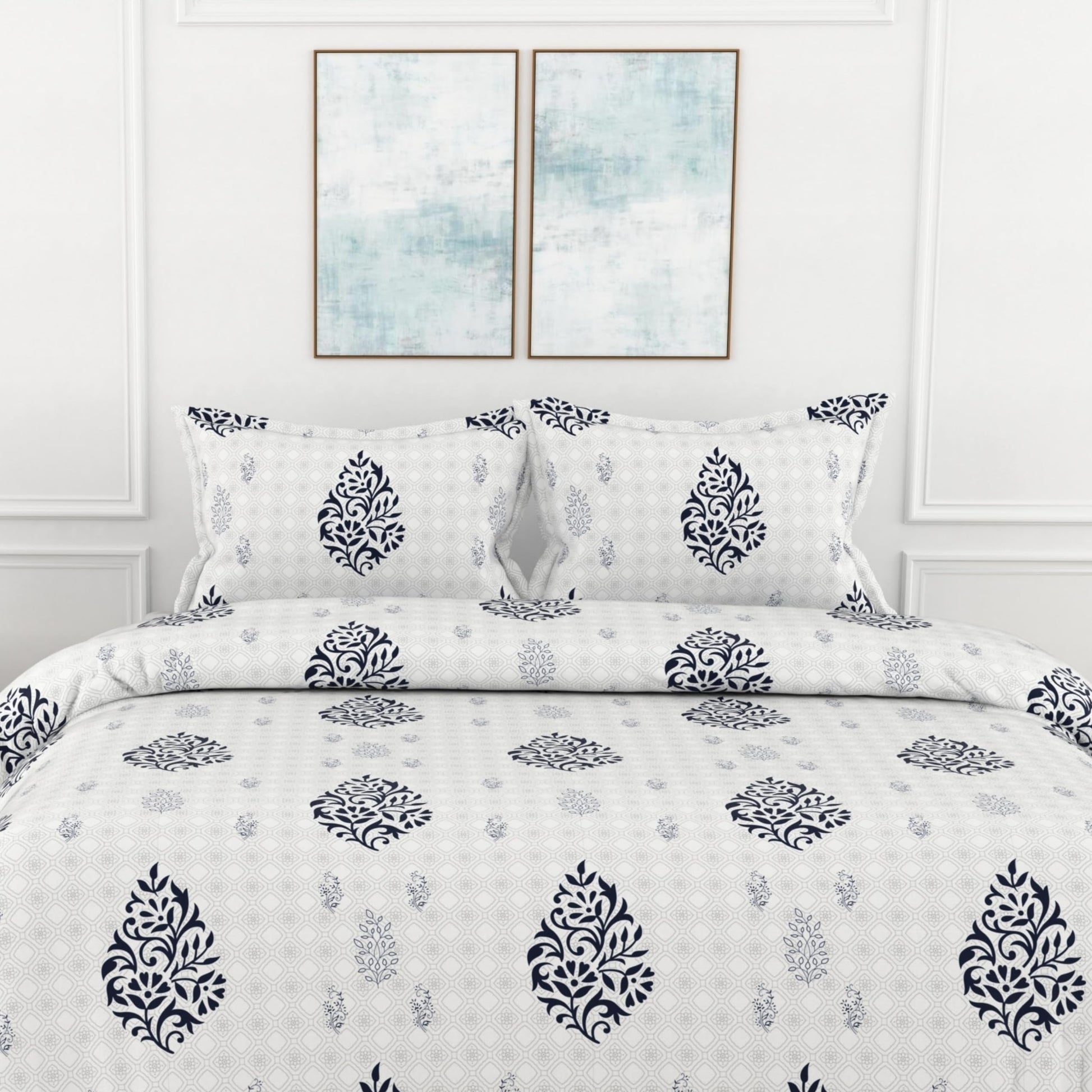 Blue Floral Motif 100% Pure Cotton Double Bedsheet, 186 TC, 90 x 108 Inches, Soft & Breathable with 2 Pillow Covers