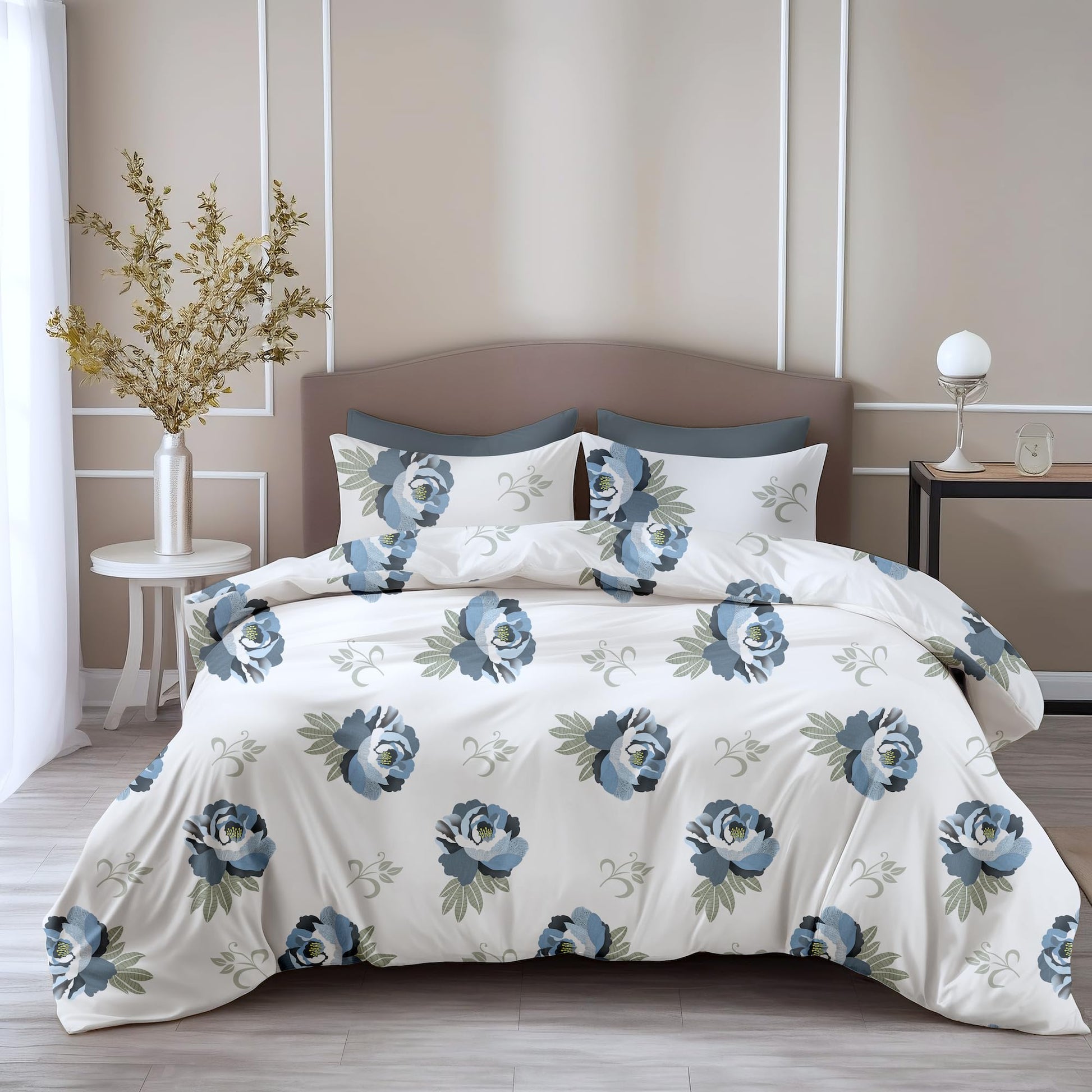 Navy Floral Double Bedsheet - 210 TC 100% Cotton with 2 Pillow Covers (90 x 90 Inches)